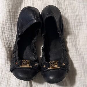 Tory Burch Black Leather Flats with Gold Accents